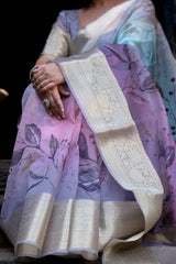 Earthy Neon Organza Silk Saree with Banarasi Zari Border | Full Leaf Pattern