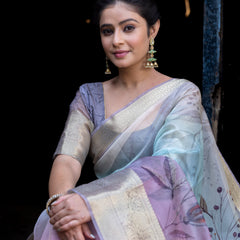 Earthy Neon Organza Silk Saree with Banarasi Zari Border | Full Leaf Pattern