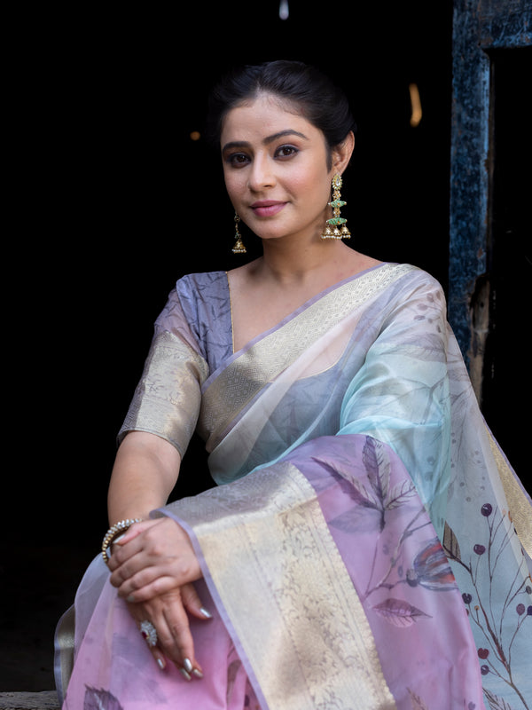 Earthy Neon Organza Silk Saree with Banarasi Zari Border | Full Leaf Pattern
