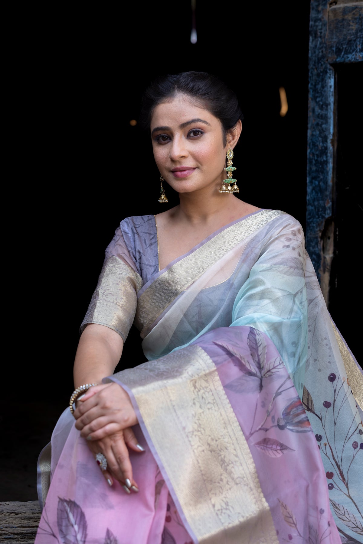 Earthy Neon Organza Silk Saree with Banarasi Zari Border | Full Leaf Pattern