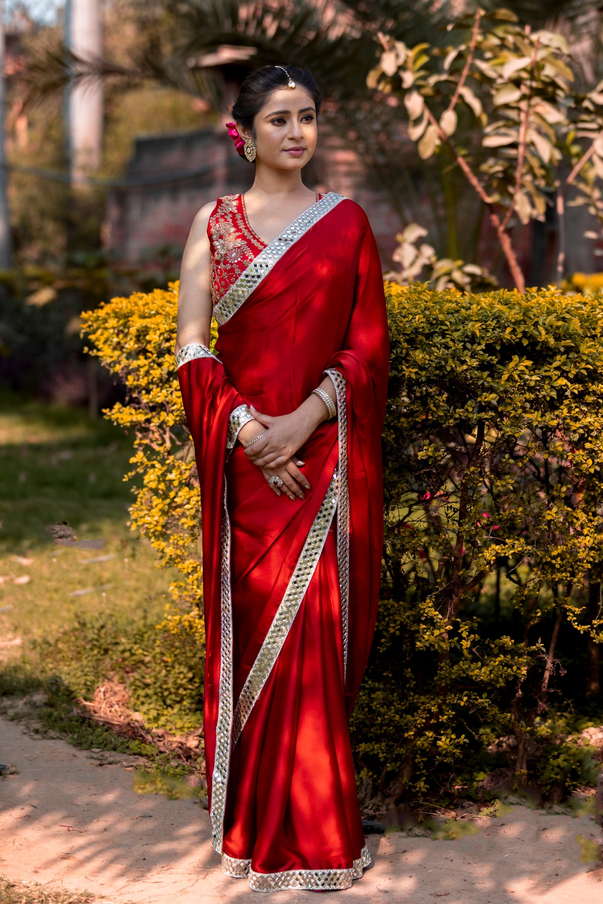 Shilpa Shetty Inspired Designer Mashru Satin Silk Mirror Work Saree with Blouse Free Size