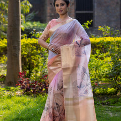 Pastel Peach Organza Silk Saree with Banarasi Zari Border | Full Body Leaf