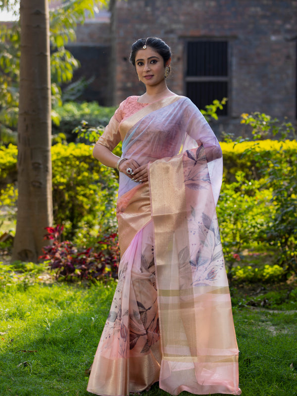 Pastel Peach Organza Silk Saree with Banarasi Zari Border | Full Body Leaf