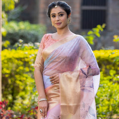 Pastel Peach Organza Silk Saree with Banarasi Zari Border | Full Body Leaf
