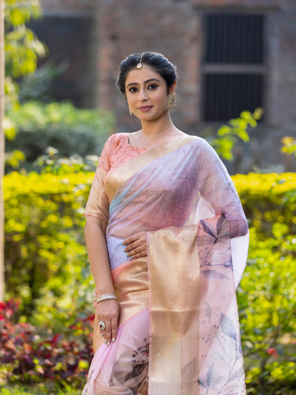 Pastel Peach Organza Silk Saree with Banarasi Zari Border | Full Body Leaf