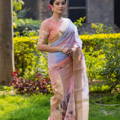 Pastel Peach Organza Silk Saree with Banarasi Zari Border | Full Body Leaf