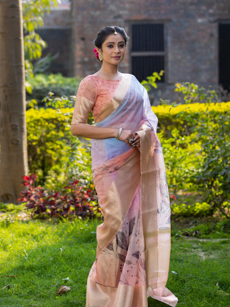 Pastel Peach Organza Silk Saree with Banarasi Zari Border | Full Body Leaf