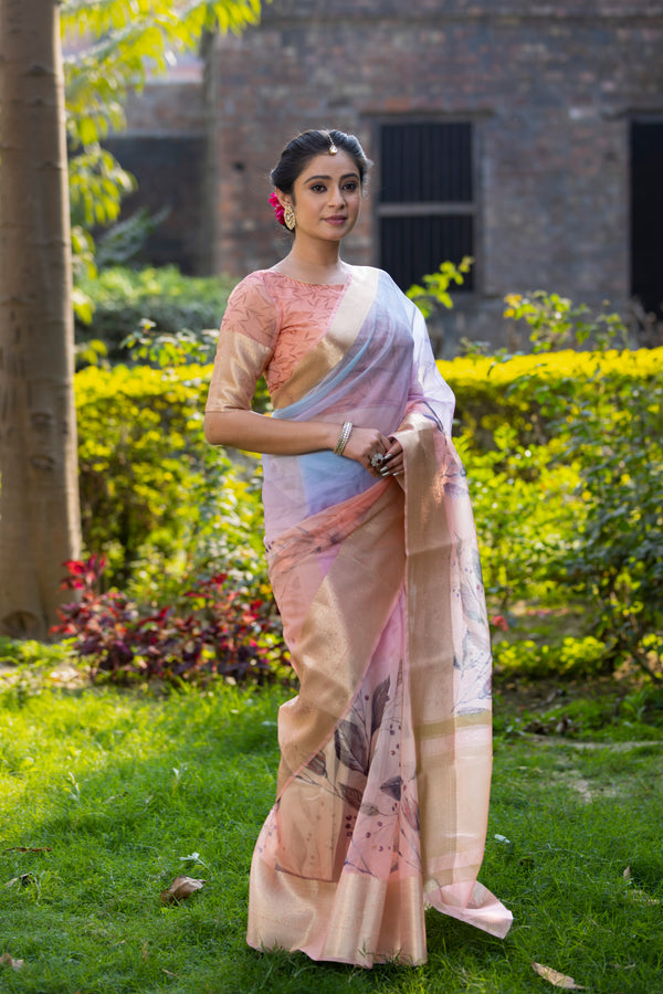 Pastel Peach Organza Silk Saree with Banarasi Zari Border | Full Body Leaf