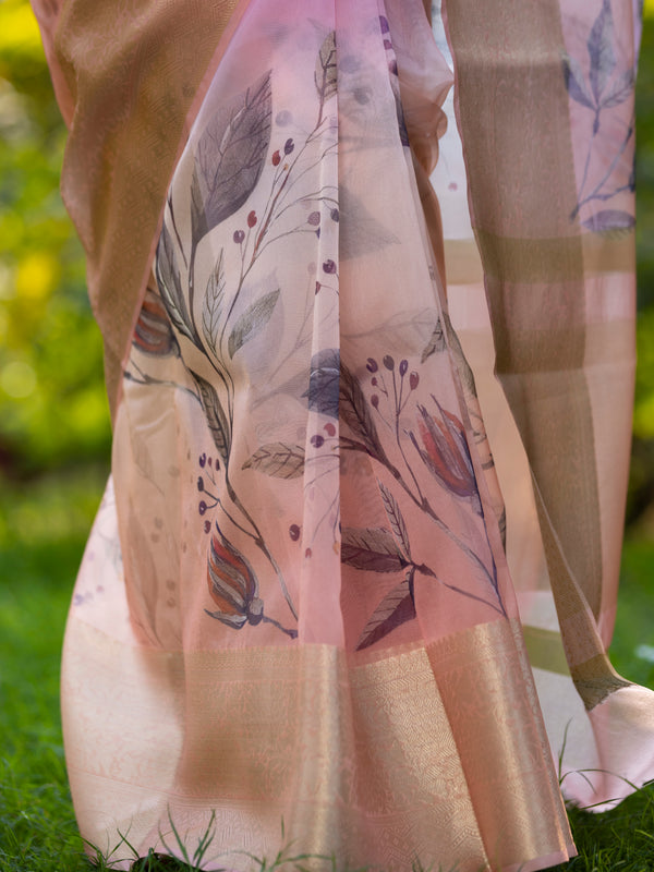 Pastel Peach Organza Silk Saree with Banarasi Zari Border | Full Body Leaf