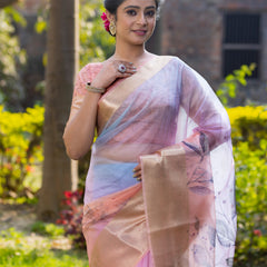 Pastel Peach Organza Silk Saree with Banarasi Zari Border | Full Body Leaf