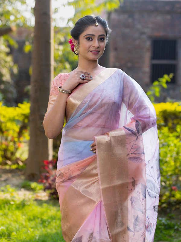 Pastel Peach Organza Silk Saree with Banarasi Zari Border | Full Body Leaf