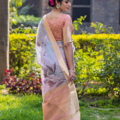 Pastel Peach Organza Silk Saree with Banarasi Zari Border | Full Body Leaf