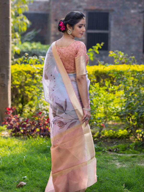 Pastel Peach Organza Silk Saree with Banarasi Zari Border | Full Body Leaf