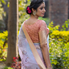 Pastel Peach Organza Silk Saree with Banarasi Zari Border | Full Body Leaf