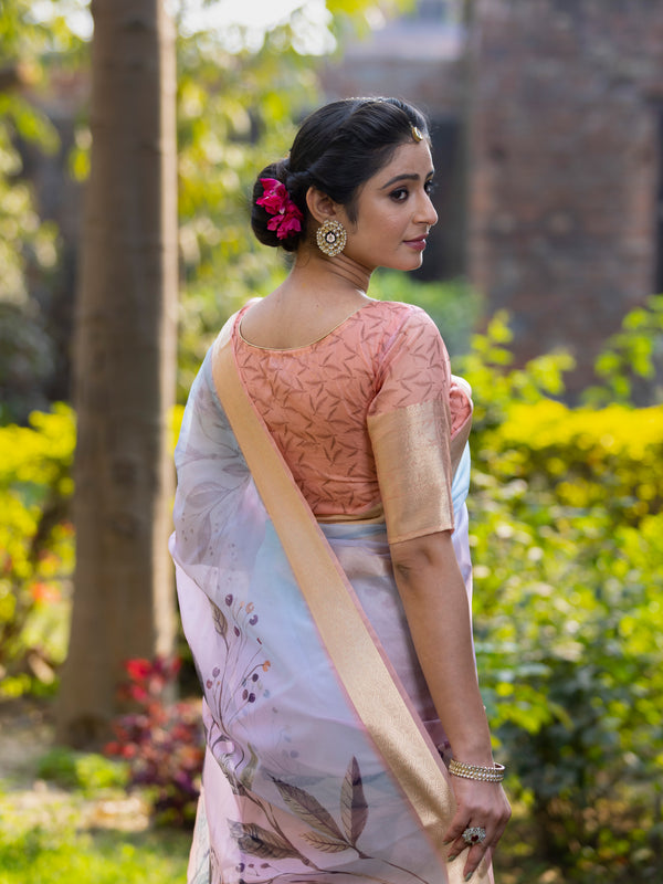 Pastel Peach Organza Silk Saree with Banarasi Zari Border | Full Body Leaf