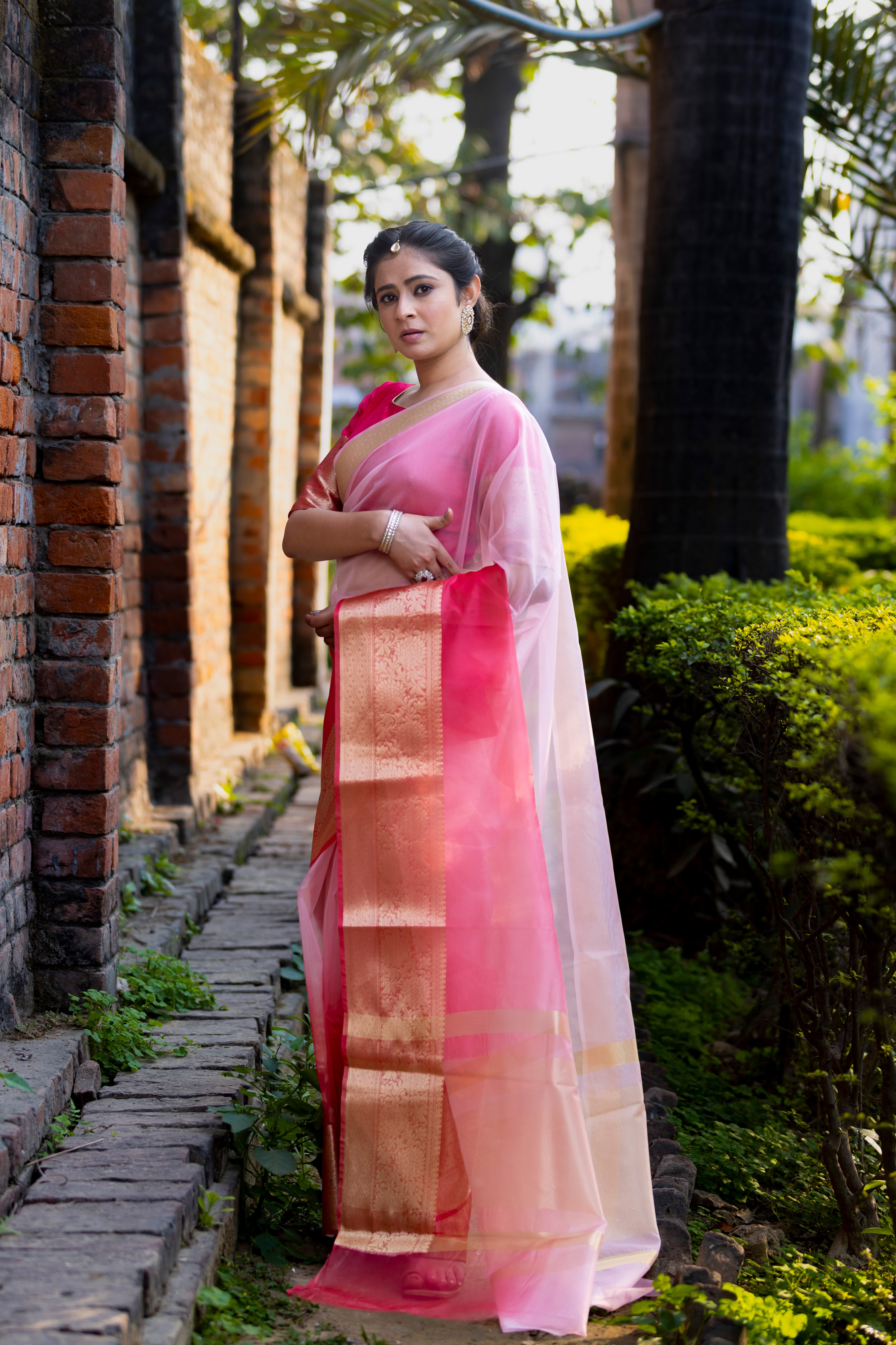 Rani Blush Pink Banarasi Woven Soft Organza Skirt Border Saree