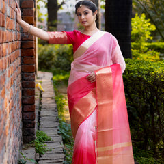 Rani Blush Pink Banarasi Woven Soft Organza Skirt Border Saree