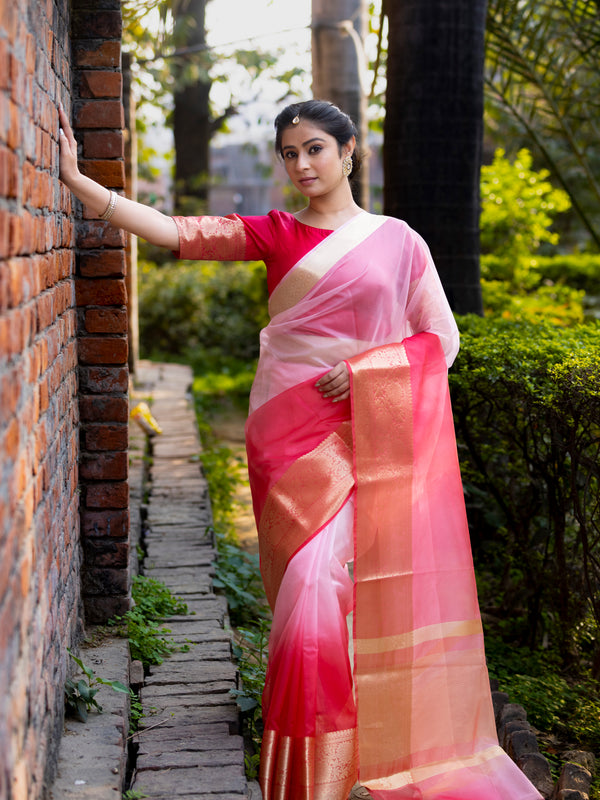 Rani Blush Pink Banarasi Woven Soft Organza Skirt Border Saree