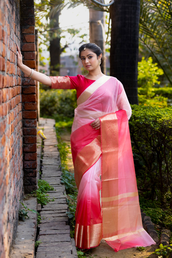 Rani Blush Pink Banarasi Woven Soft Organza Skirt Border Saree