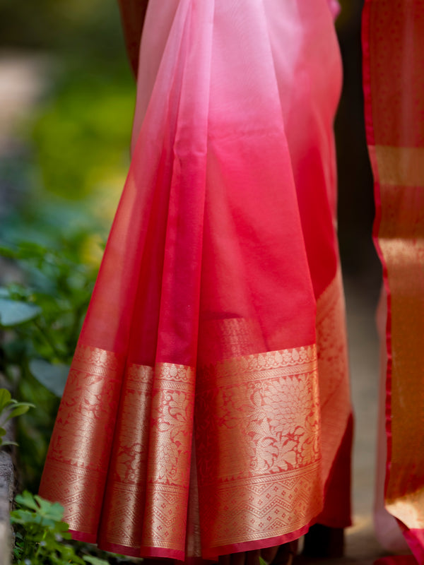 Rani Blush Pink Banarasi Woven Soft Organza Skirt Border Saree