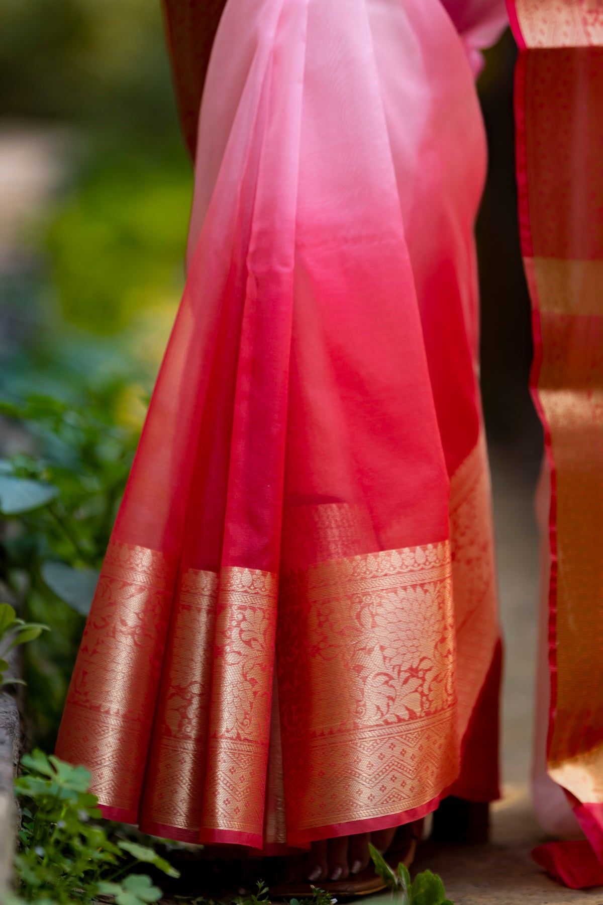 Rani Blush Pink Banarasi Woven Soft Organza Skirt Border Saree