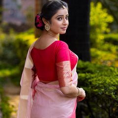 Rani Blush Pink Banarasi Woven Soft Organza Skirt Border Saree