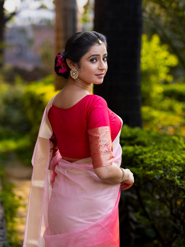 Rani Blush Pink Banarasi Woven Soft Organza Skirt Border Saree