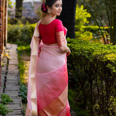 Rani Blush Pink Banarasi Woven Soft Organza Skirt Border Saree