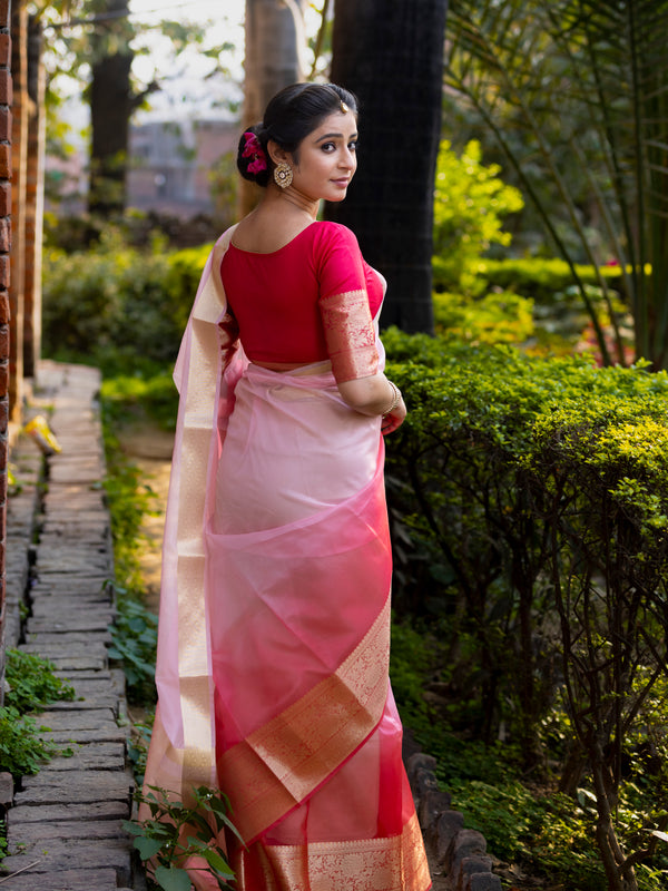 Rani Blush Pink Banarasi Woven Soft Organza Skirt Border Saree