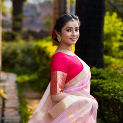Rani Blush Pink Banarasi Woven Soft Organza Skirt Border Saree