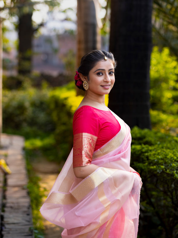 Rani Blush Pink Banarasi Woven Soft Organza Skirt Border Saree