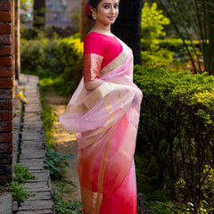 Rani Blush Pink Banarasi Woven Soft Organza Skirt Border Saree