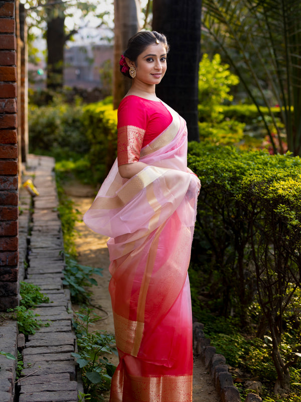 Rani Blush Pink Banarasi Woven Soft Organza Skirt Border Saree