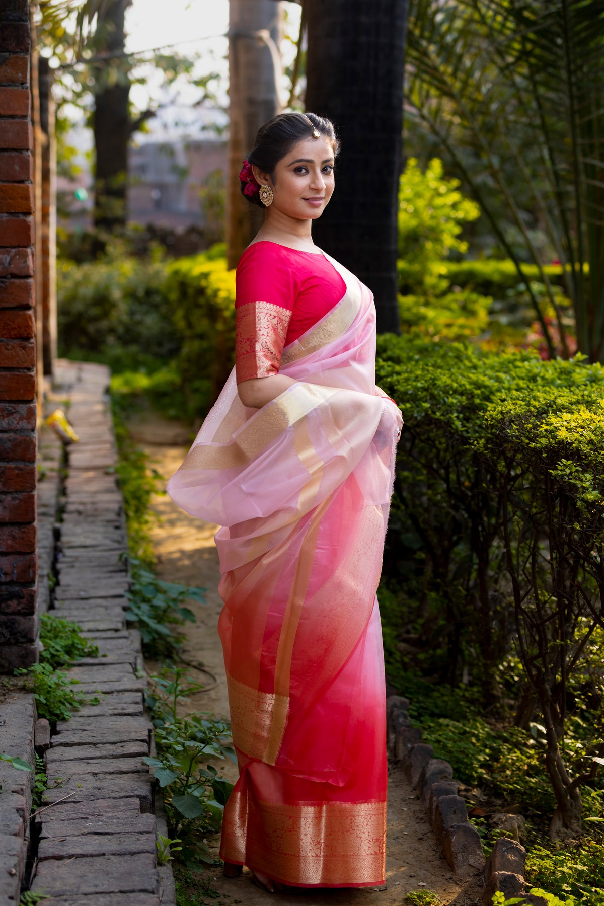 Rani Blush Pink Banarasi Woven Soft Organza Skirt Border Saree