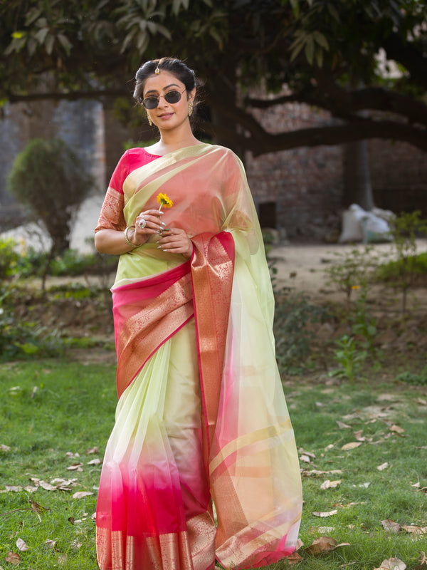 Rani Muted Green Banarasi Woven Soft Organza Skirt Border Saree