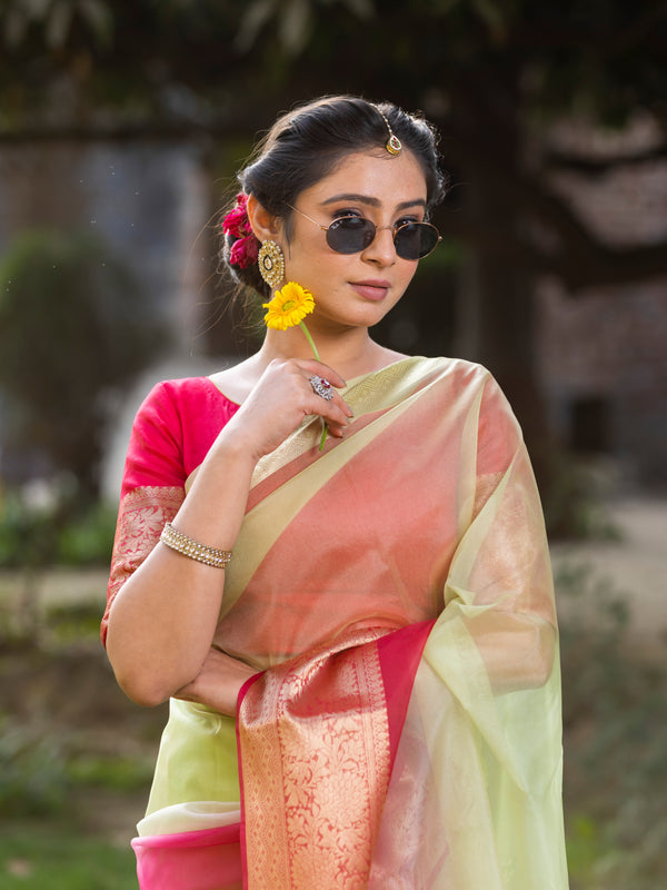 Rani Muted Green Banarasi Woven Soft Organza Skirt Border Saree