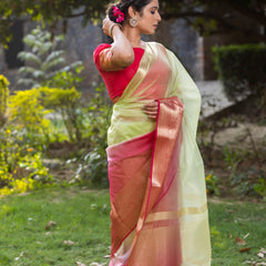 Rani Muted Green Banarasi Woven Soft Organza Skirt Border Saree