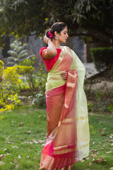 Rani Muted Green Banarasi Woven Soft Organza Skirt Border Saree
