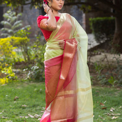 Rani Muted Green Banarasi Woven Soft Organza Skirt Border Saree