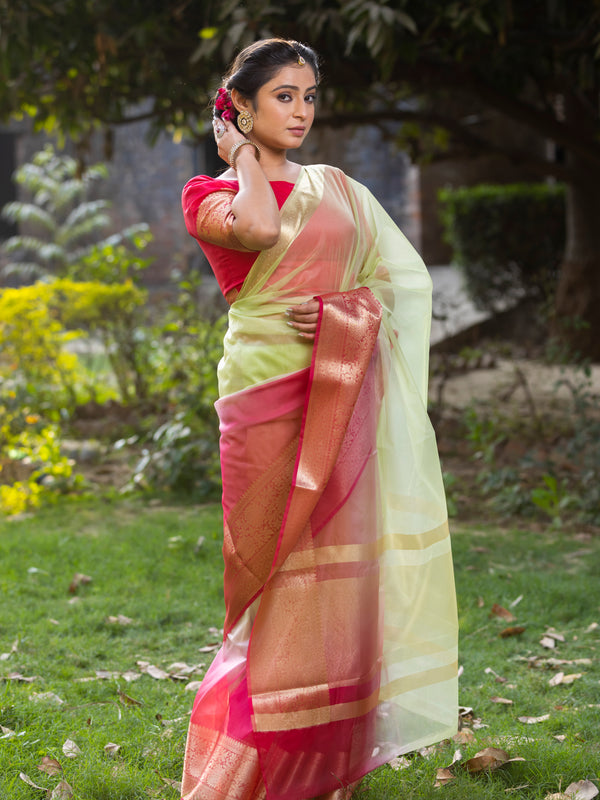 Rani Muted Green Banarasi Woven Soft Organza Skirt Border Saree