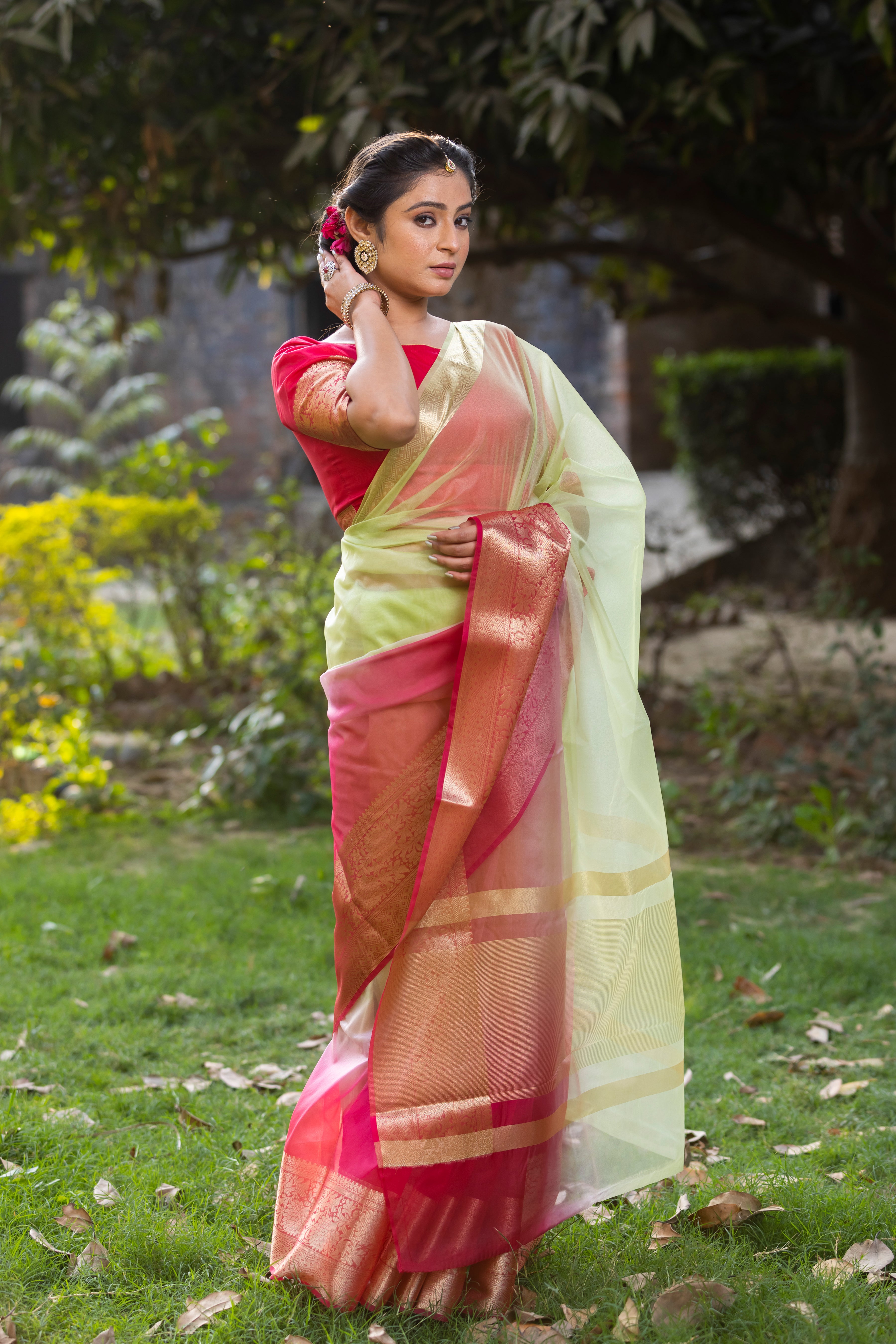 Rani Muted Green Banarasi Woven Soft Organza Skirt Border Saree
