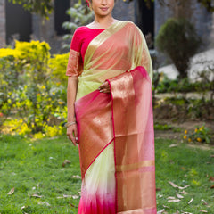 Rani Muted Green Banarasi Woven Soft Organza Skirt Border Saree