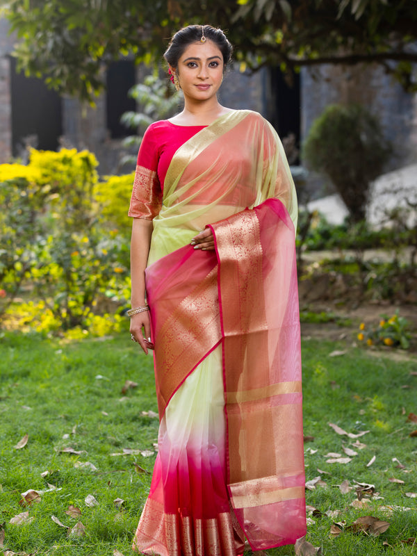Rani Muted Green Banarasi Woven Soft Organza Skirt Border Saree