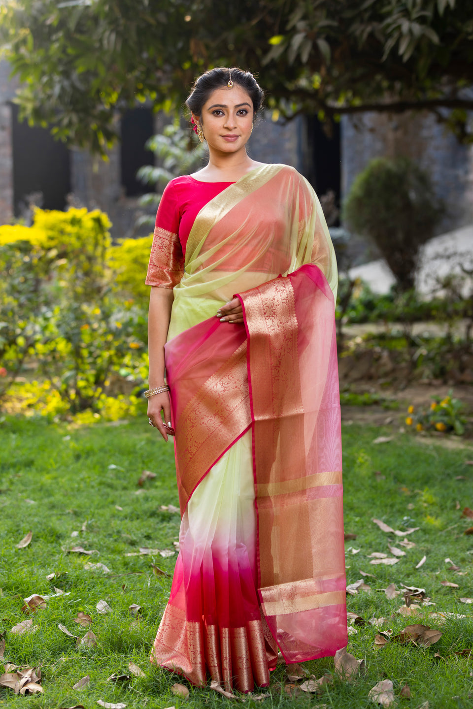Rani Muted Green Banarasi Woven Soft Organza Skirt Border Saree