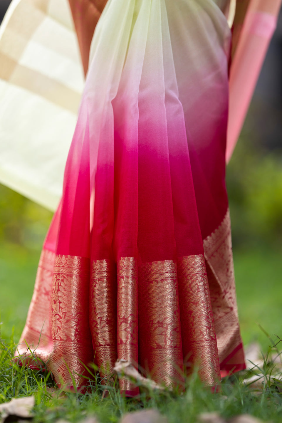 Rani Muted Green Banarasi Woven Soft Organza Skirt Border Saree