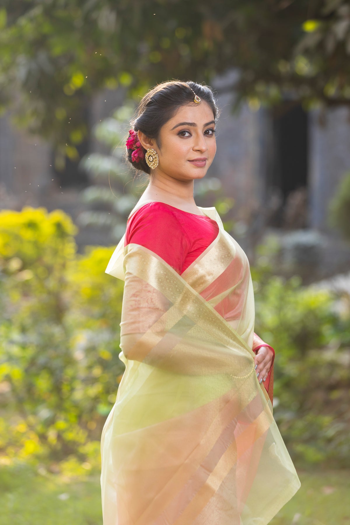 Rani Muted Green Banarasi Woven Soft Organza Skirt Border Saree