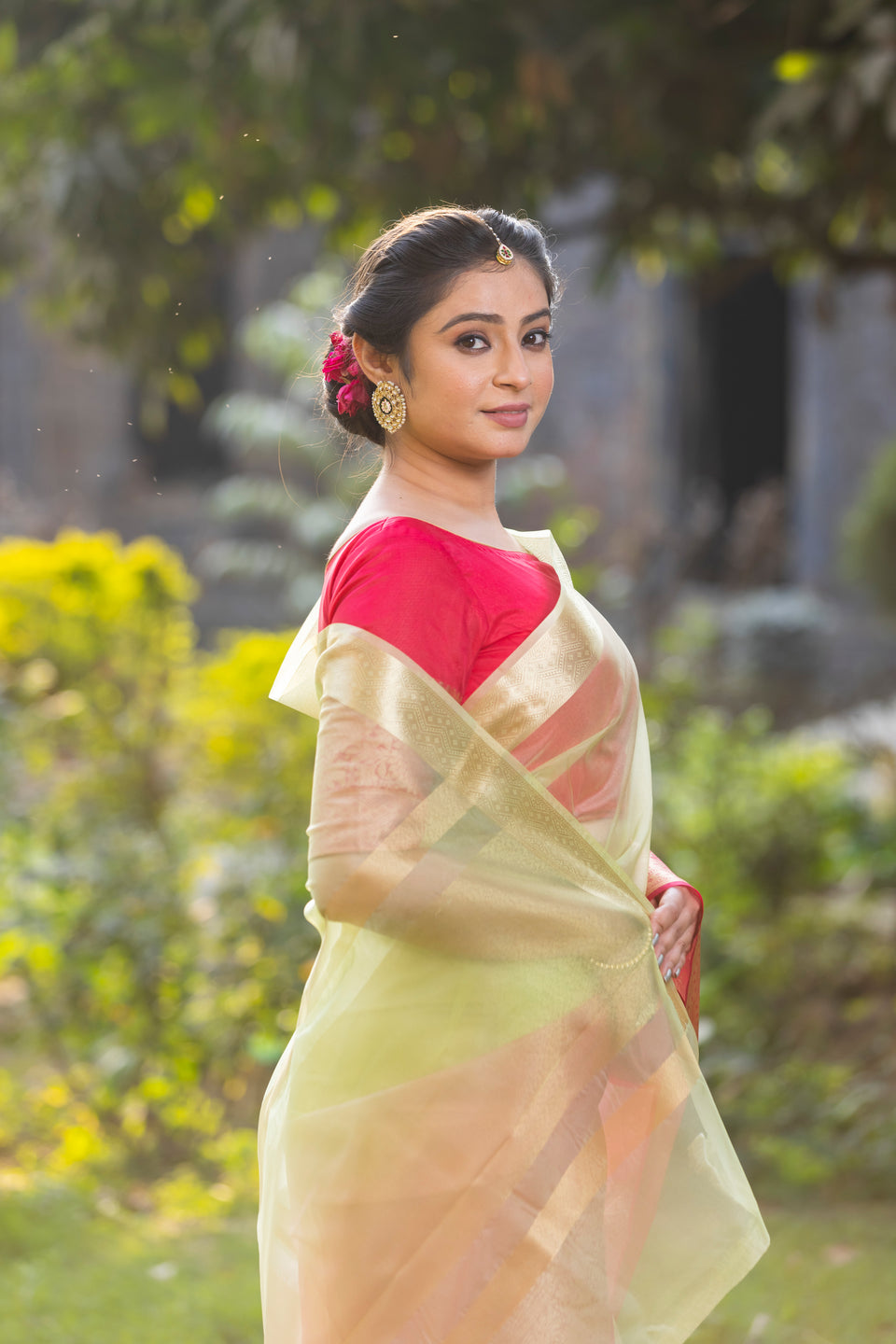 Rani Muted Green Banarasi Woven Soft Organza Skirt Border Saree