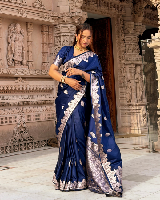 Navy Blue Mughal Buti Banarasi Mashru Silk Saree