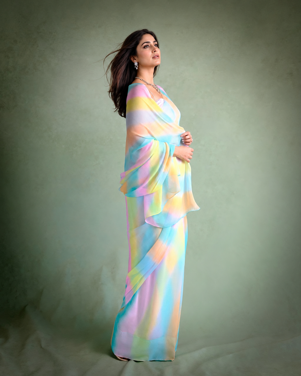 Pastel Leheriya-Inspired Hand-Brushed Pure Chiffon Silk Saree