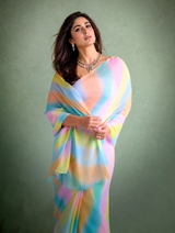 Pastel Leheriya-Inspired Hand-Brushed Pure Chiffon Silk Saree